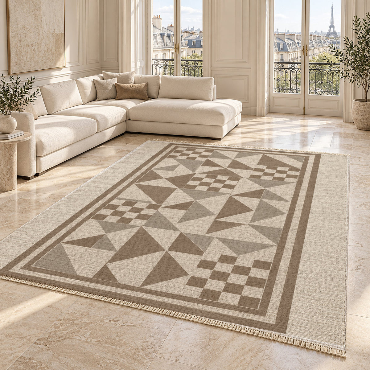 Sunwashed Mosaic Ivory & Taupe washable rug angled room view on marble