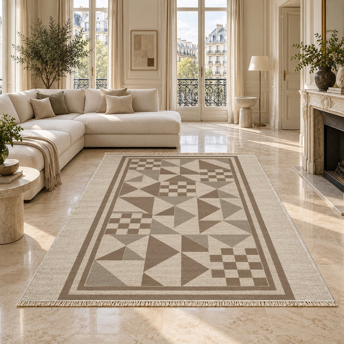 Sunwashed Mosaic Ivory & Taupe washable rug on a marble floor