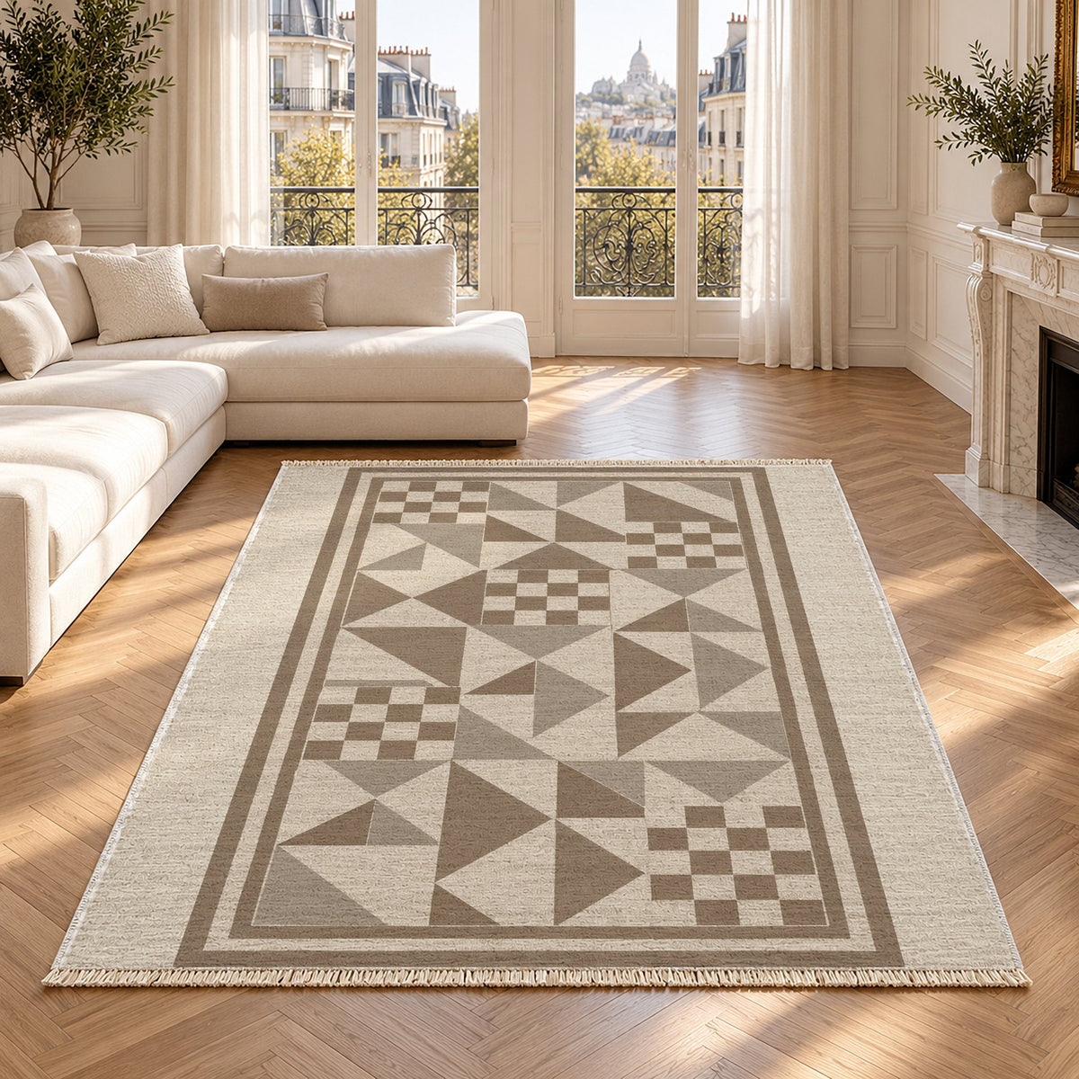 Sunwashed Mosaic Ivory & Taupe washable rug in a Paris living room