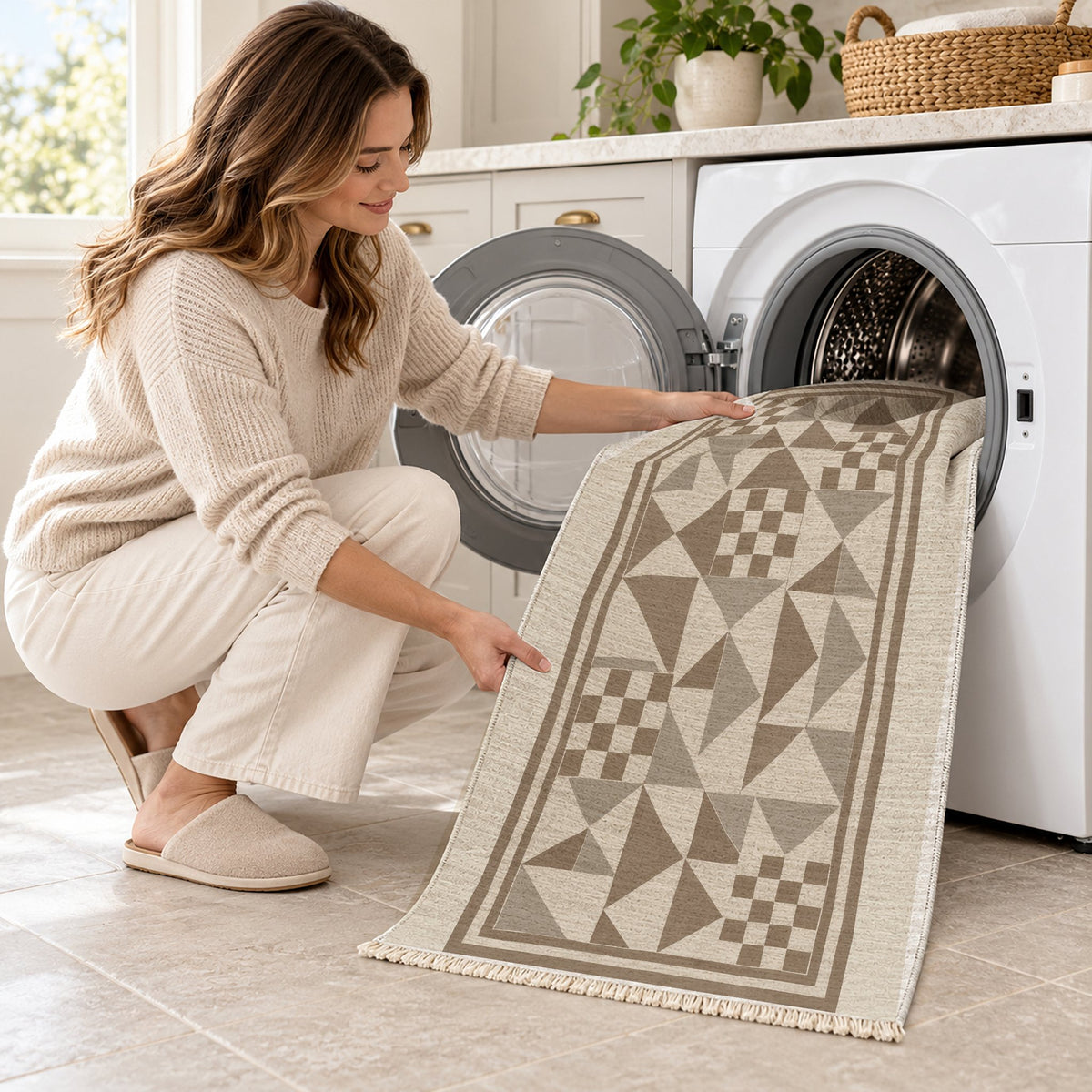 Sunwashed Mosaic Ivory & Taupe washable rug being loaded into a washing machine