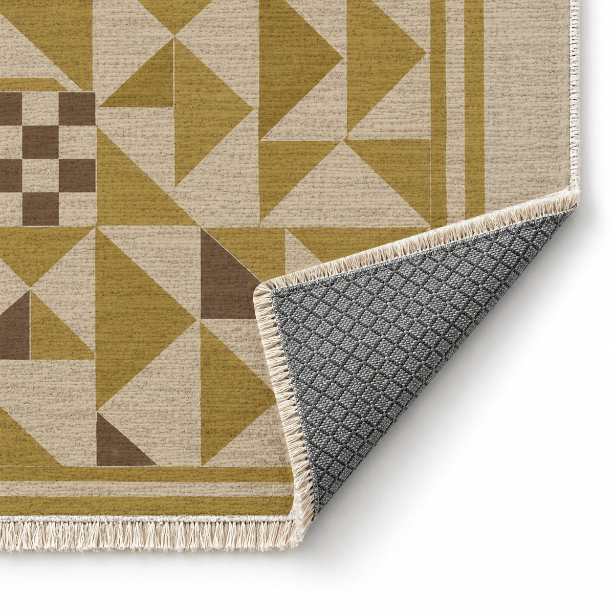 Sunwashed Mosaic Oat & Ochre washable rug folded corner showing the backing