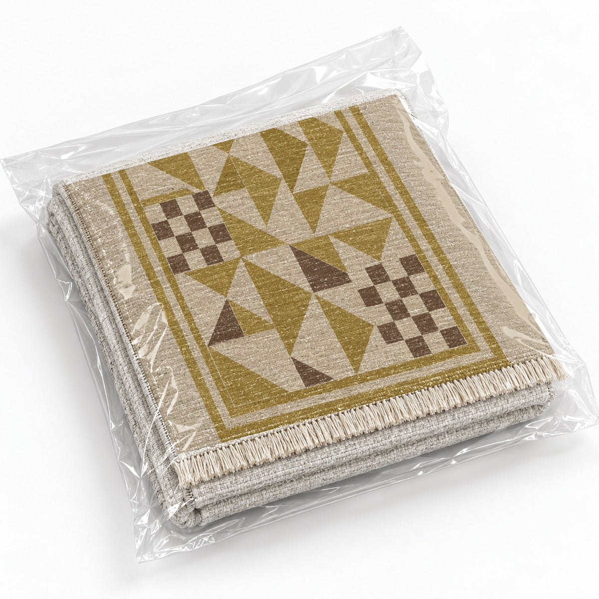 Sunwashed Mosaic Oat & Ochre washable rug rolled and packaged