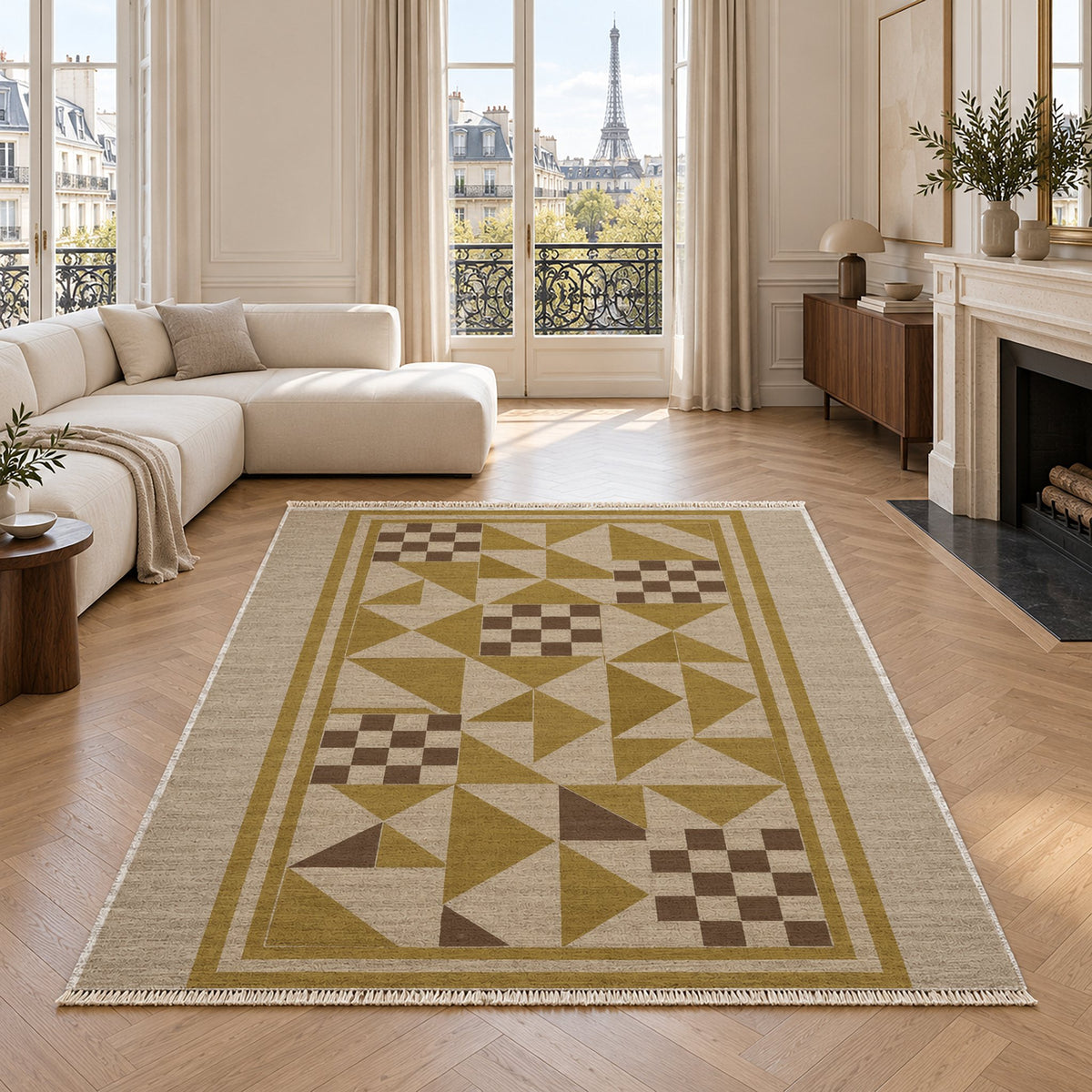 Sunwashed Mosaic Oat & Ochre washable rug in a living room with an Eiffel Tower view