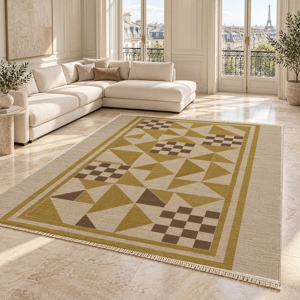 Sunwashed Mosaic Oat & Ochre washable rug angled room view on marble
