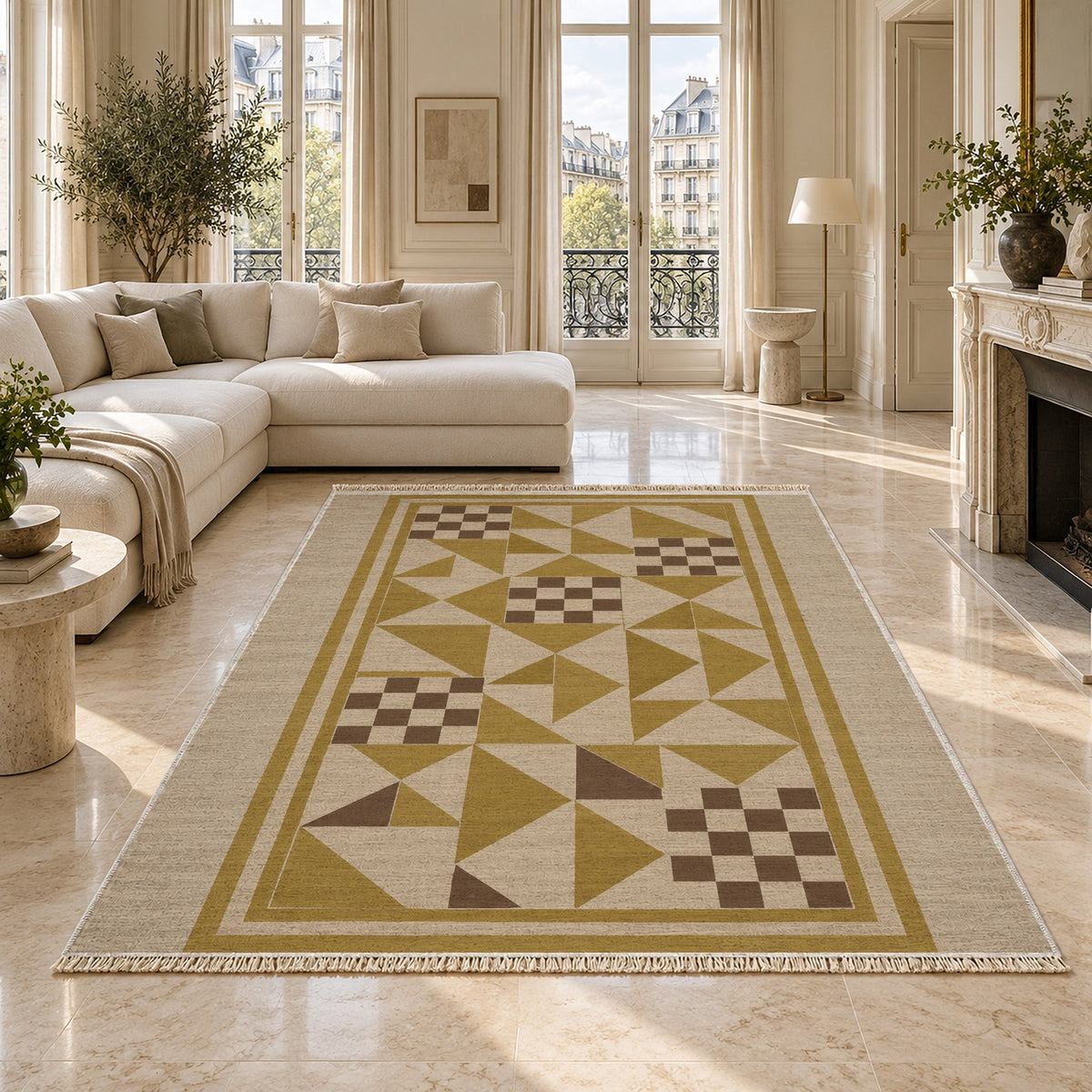 Sunwashed Mosaic Oat & Ochre washable rug on a marble floor