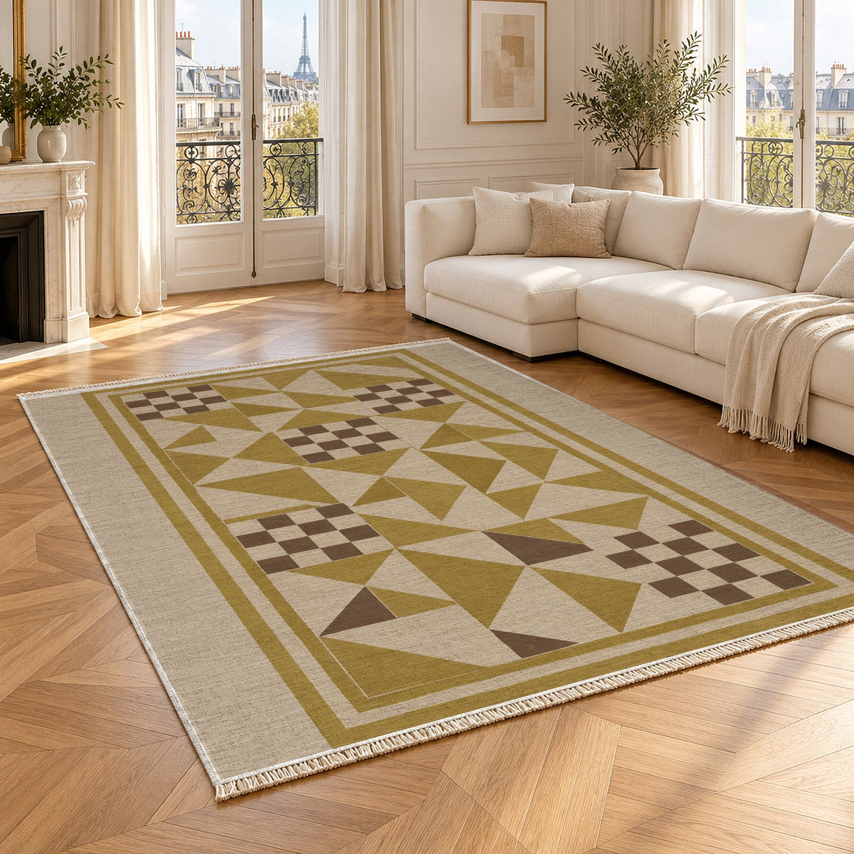 Sunwashed Mosaic Oat & Ochre washable rug angled room view