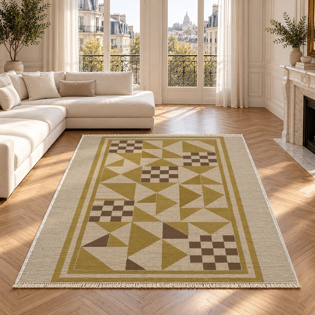 Sunwashed Mosaic Oat & Ochre washable rug in a Paris living room