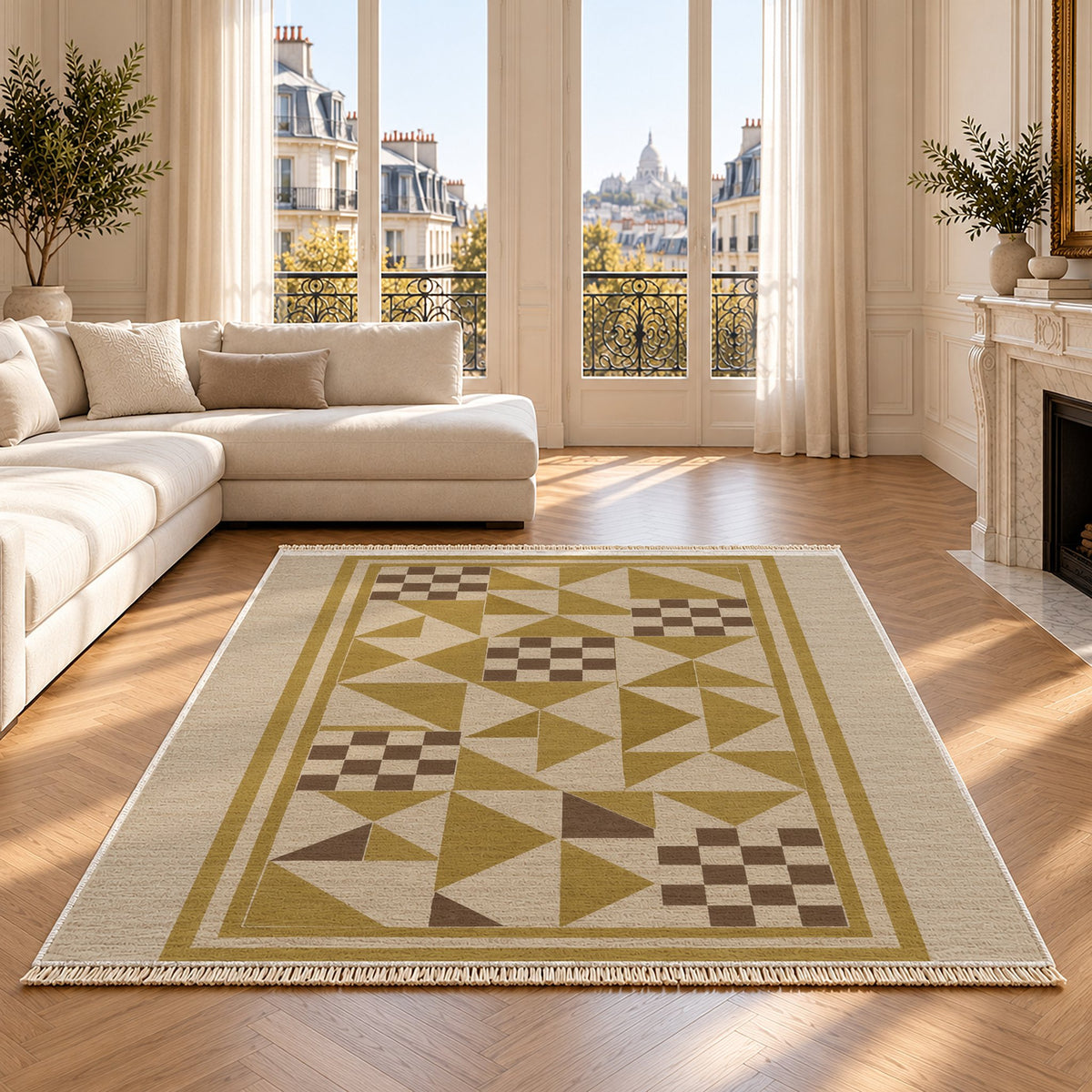 Sunwashed Mosaic Oat & Ochre washable rug on an oak floor