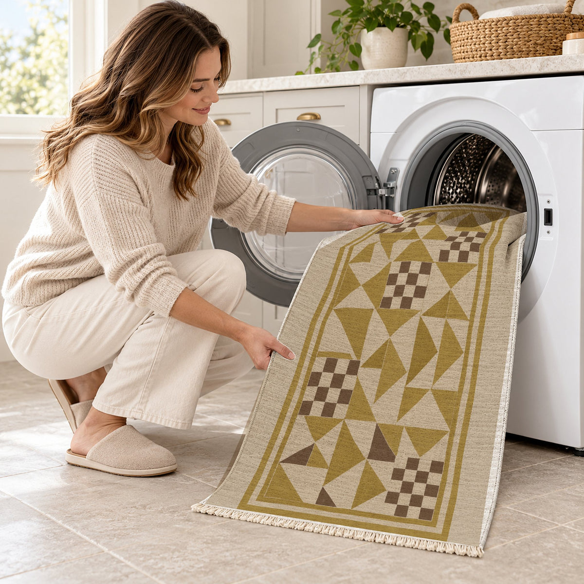 Sunwashed Mosaic Oat & Ochre washable rug being loaded into a washing machine