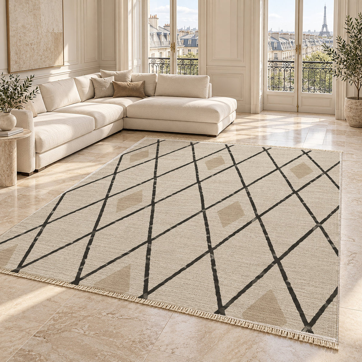 Tall Trellis Ivory & Charcoal washable rug angled room view on marble