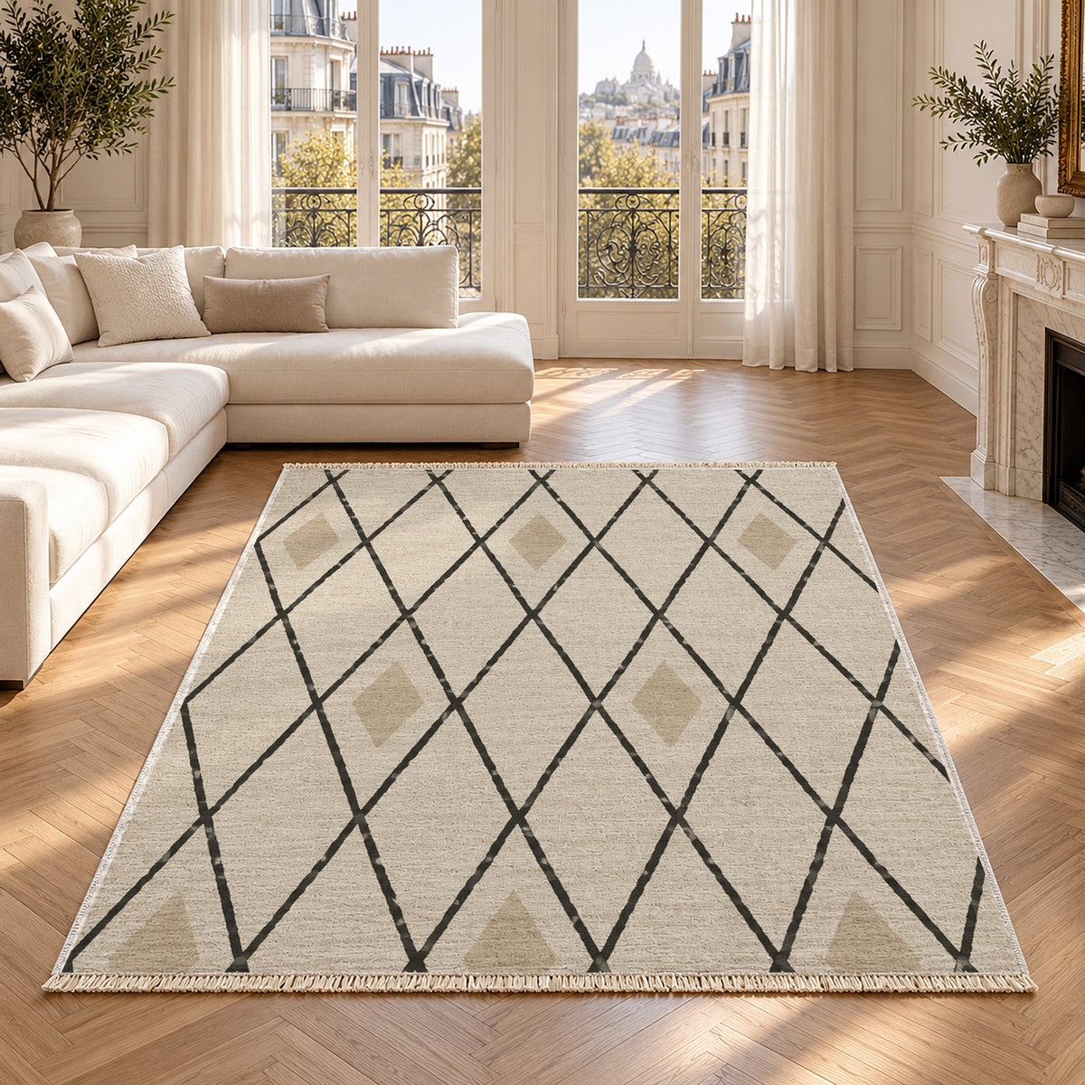 Tall Trellis Ivory & Charcoal washable rug in a Paris living room