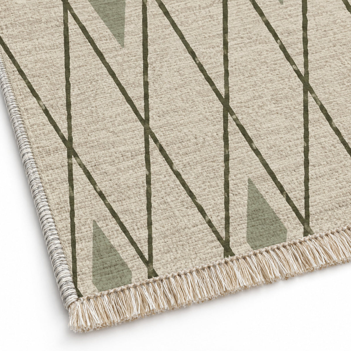 Tall Trellis Ivory & Olive washable rug close-up of the printed chenille