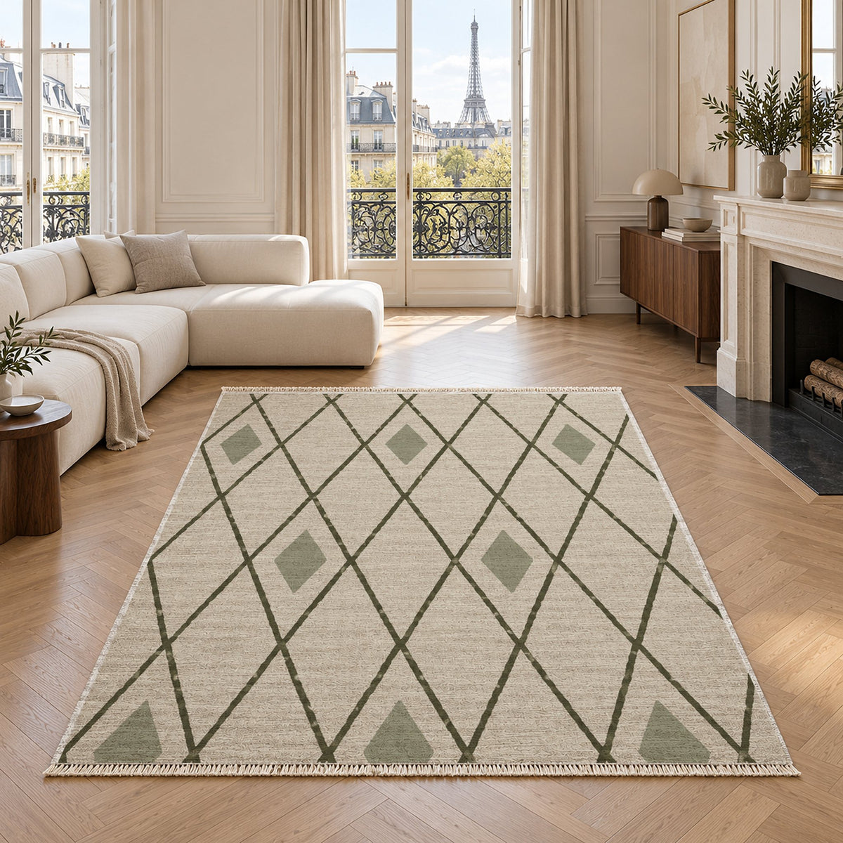 Tall Trellis Ivory & Olive washable rug in a living room with an Eiffel Tower view