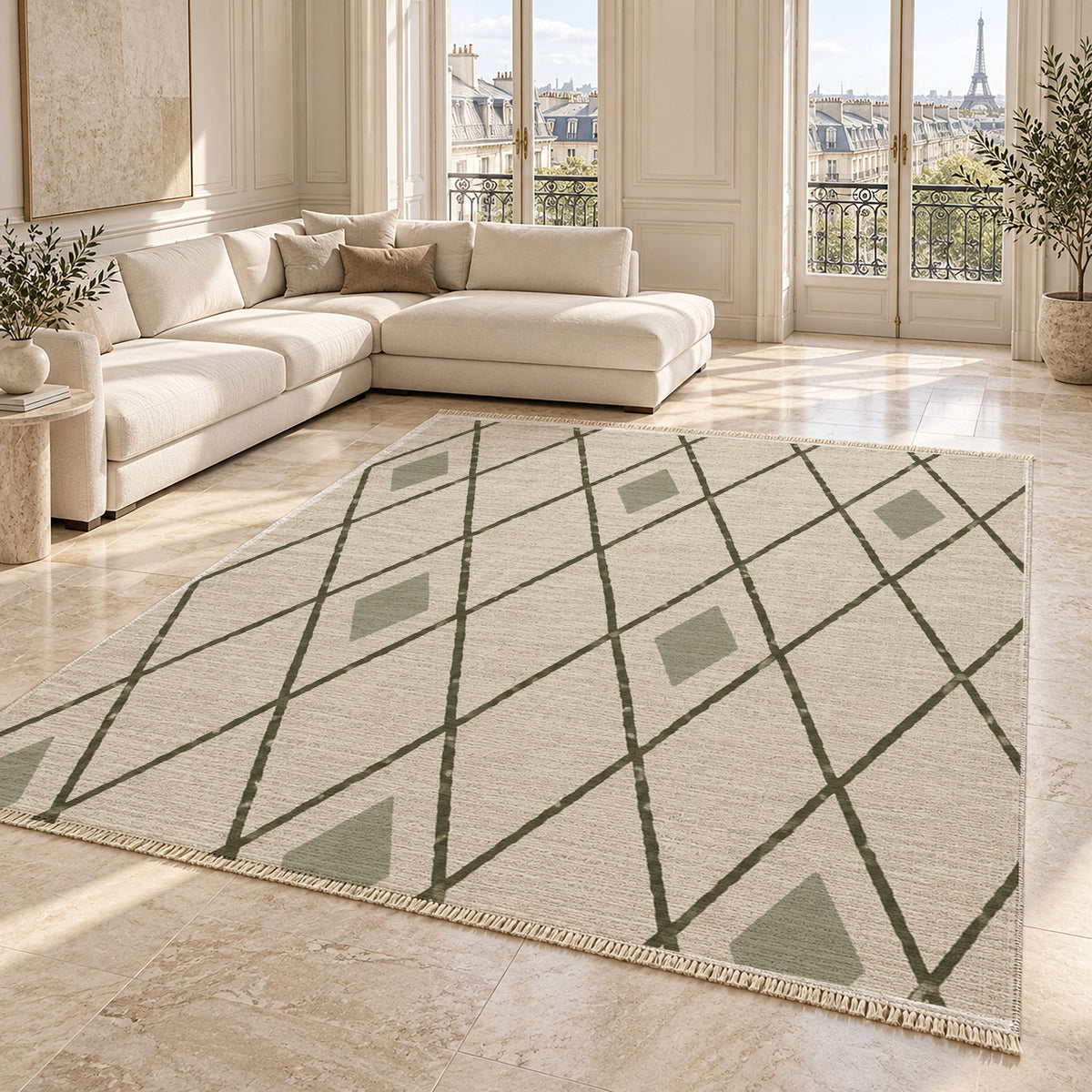 Tall Trellis Ivory & Olive washable rug angled room view on marble