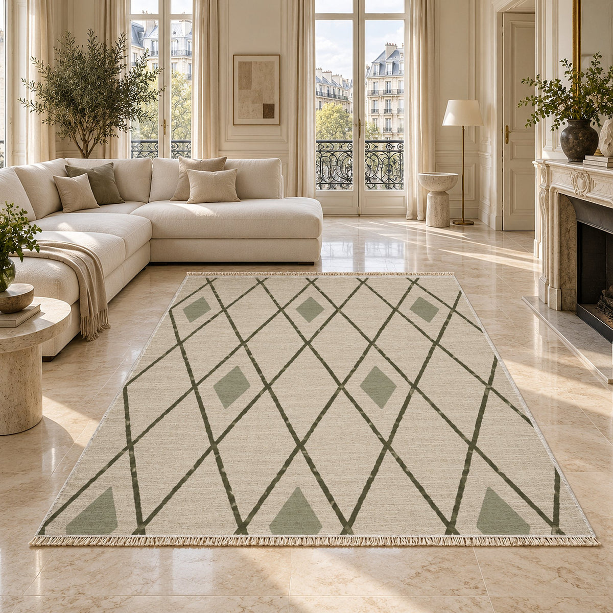 Tall Trellis Ivory & Olive washable rug on a marble floor