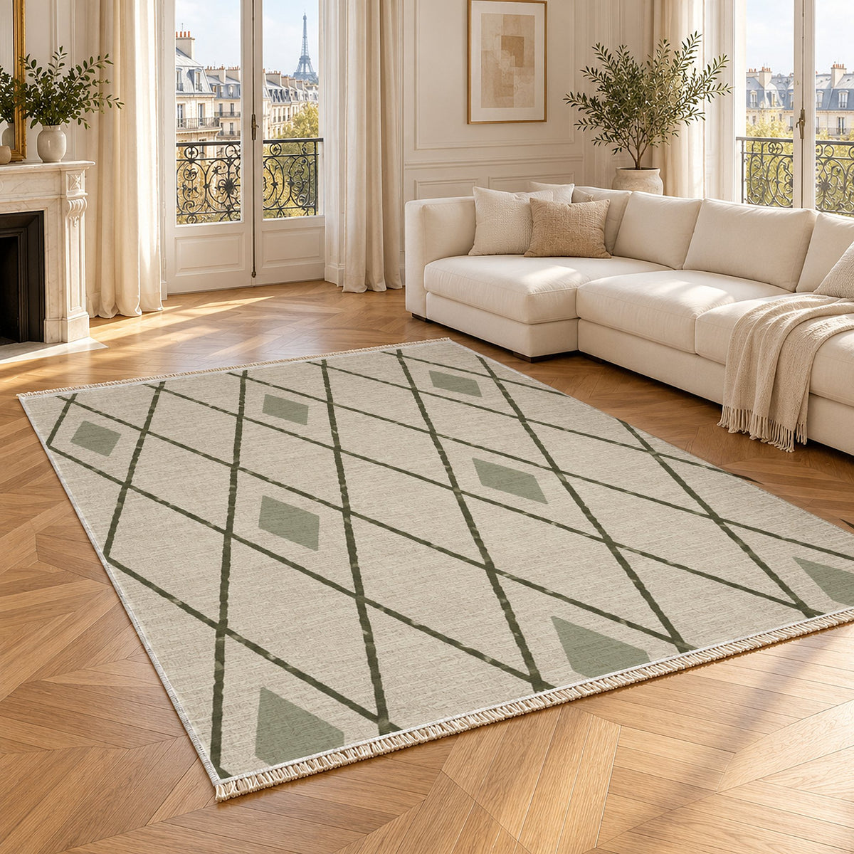 Tall Trellis Ivory & Olive washable rug angled room view