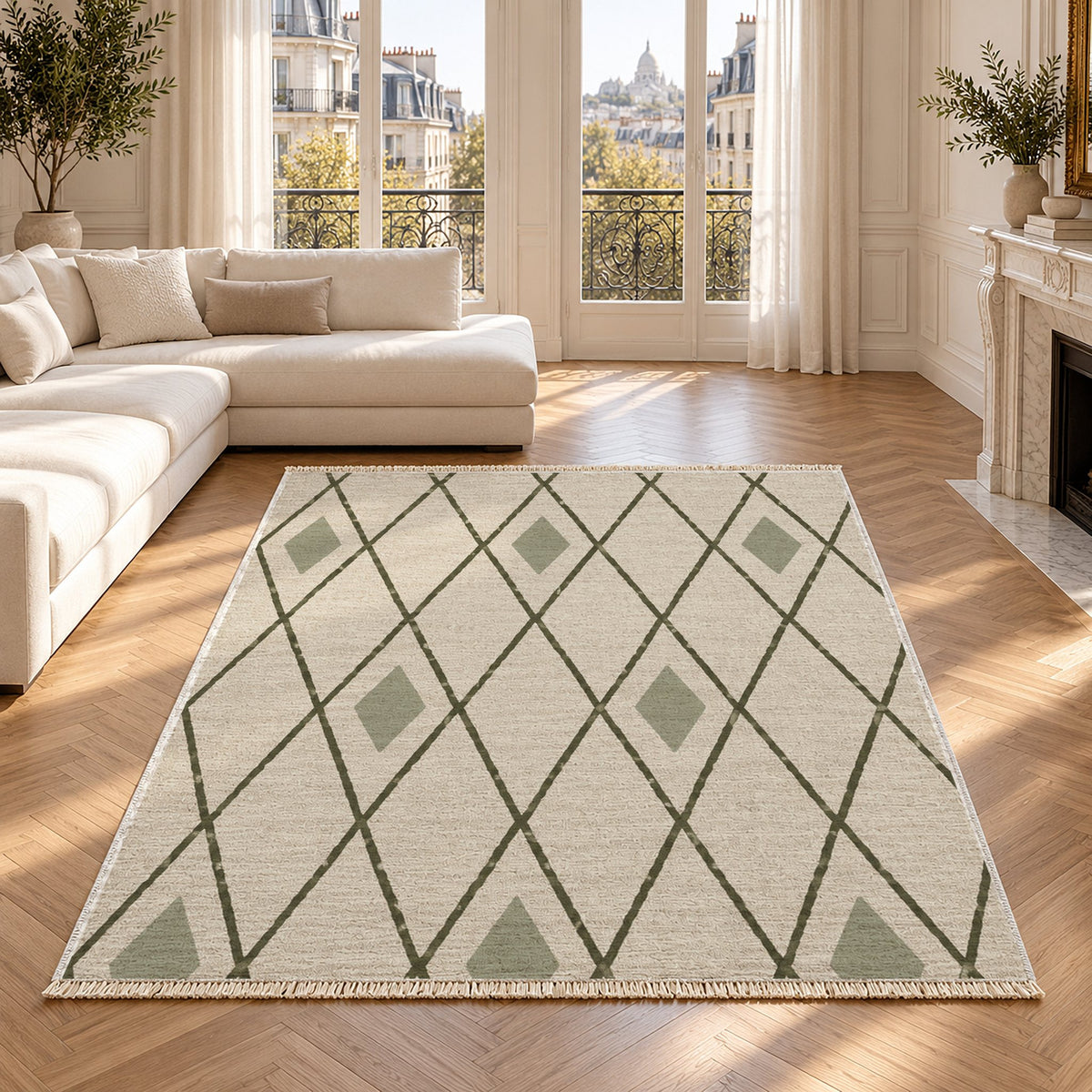 Tall Trellis Ivory & Olive washable rug in a Paris living room