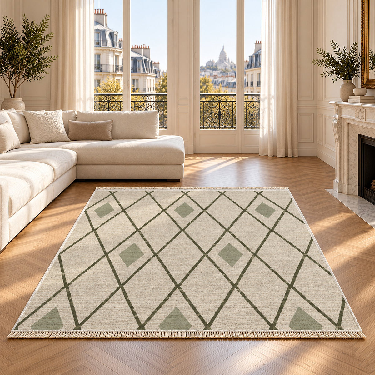 Tall Trellis Ivory & Olive washable rug on an oak floor