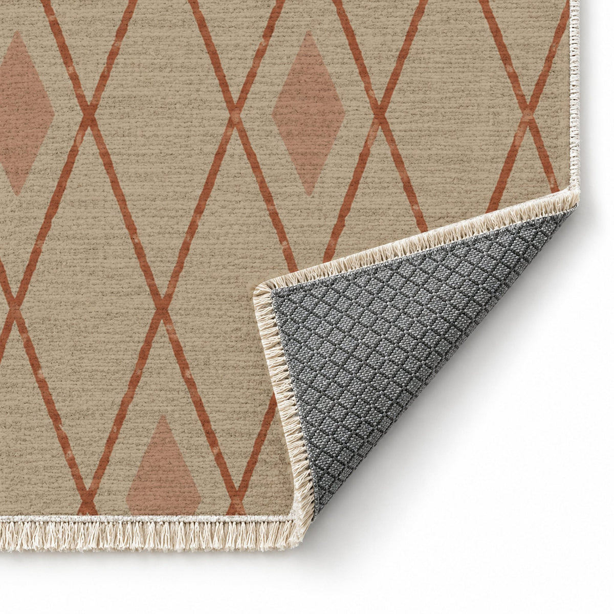 Tall Trellis Sand & Terracotta washable rug folded corner showing the backing