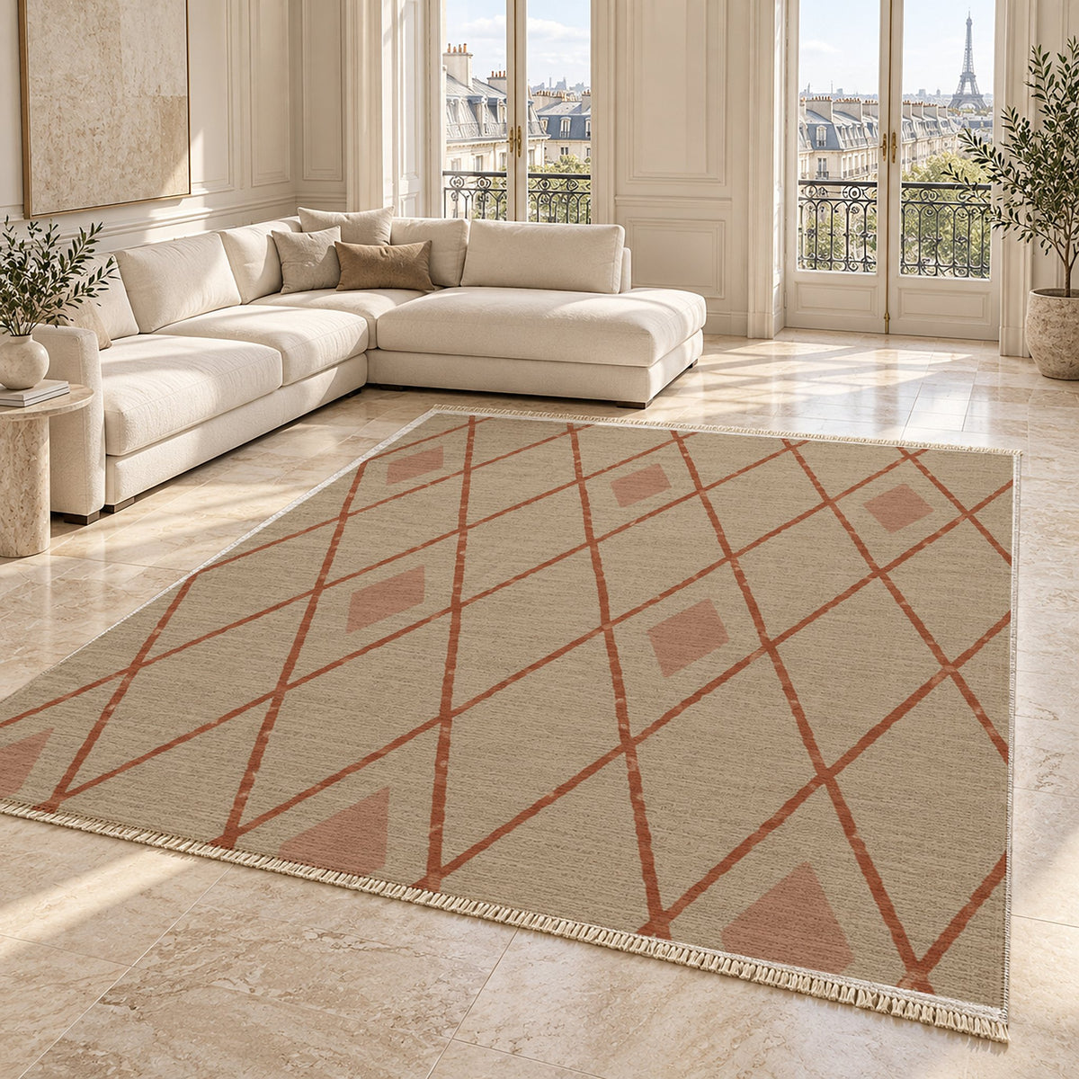 Tall Trellis Sand & Terracotta washable rug angled room view on marble