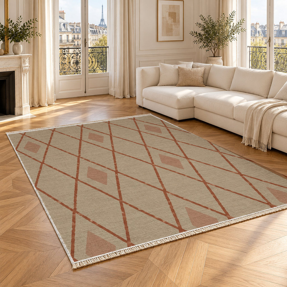 Tall Trellis Sand & Terracotta washable rug angled room view