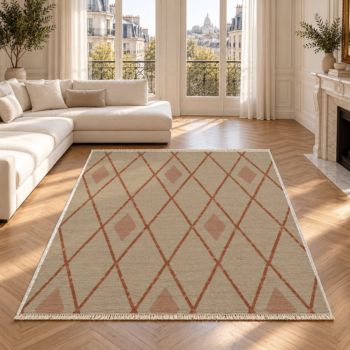Tall Trellis Sand & Terracotta washable rug in a Paris living room