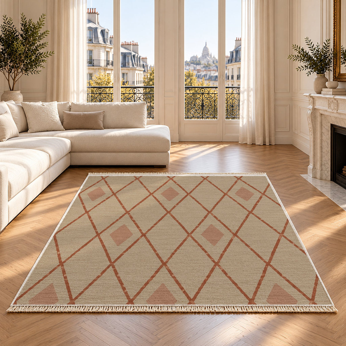 Tall Trellis Sand & Terracotta washable rug on an oak floor