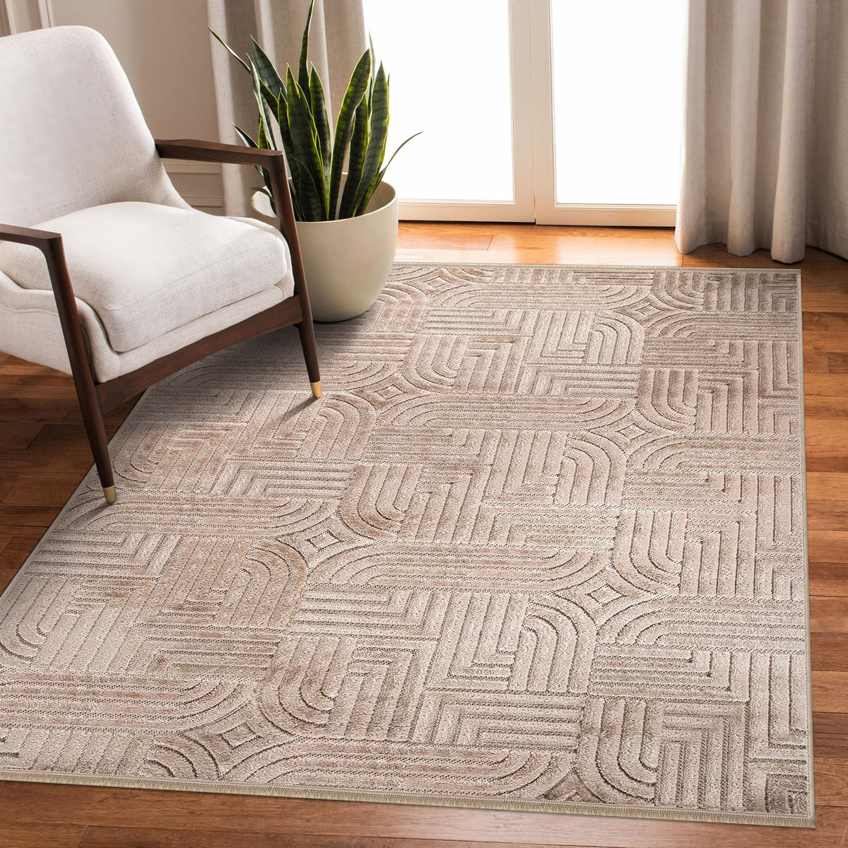 Taupe Beige Arch Relief Area Rug in a living room