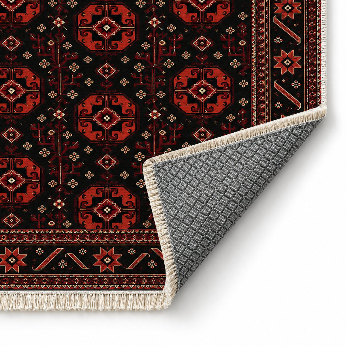 Tekke Gul Black washable rug folded corner showing the backing