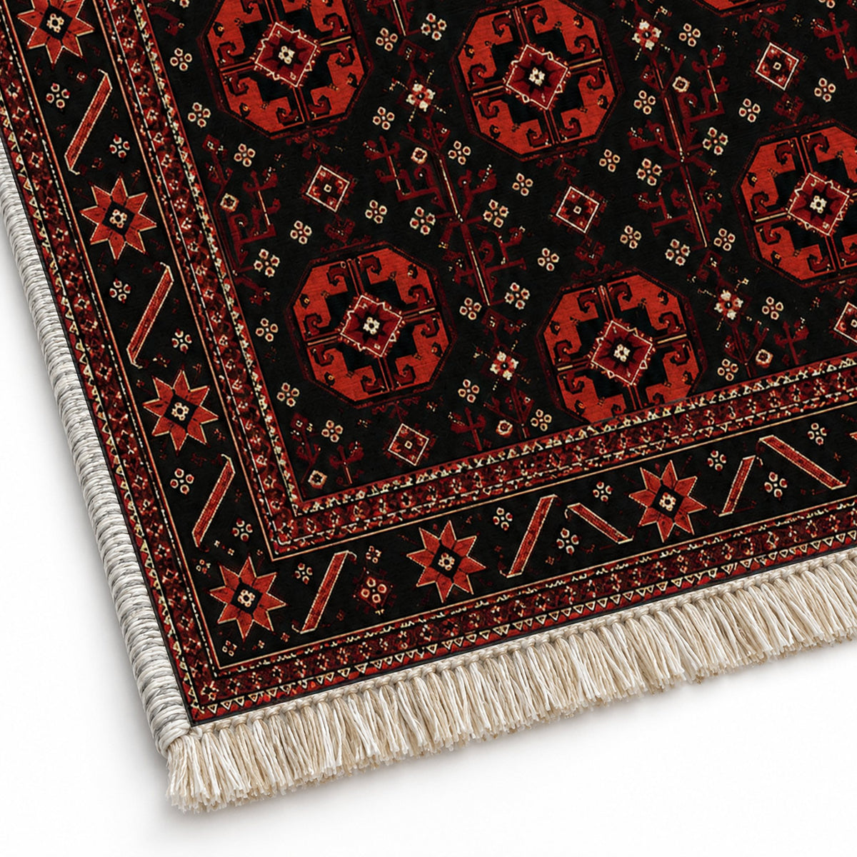 Tekke Gul Black washable rug close-up of the printed chenille