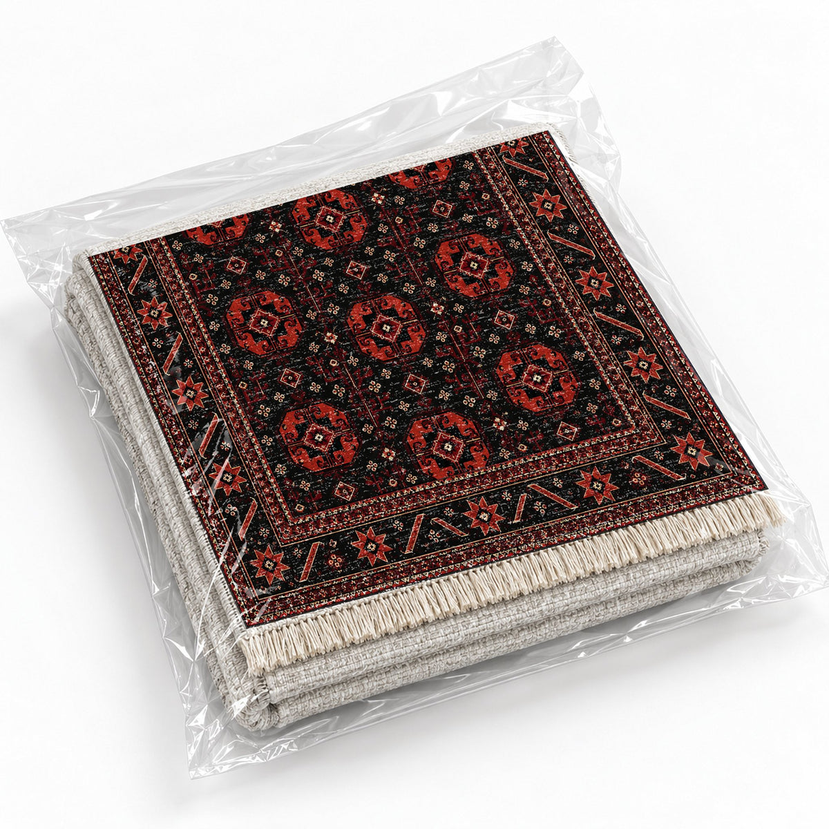 Tekke Gul Black washable rug rolled and packaged
