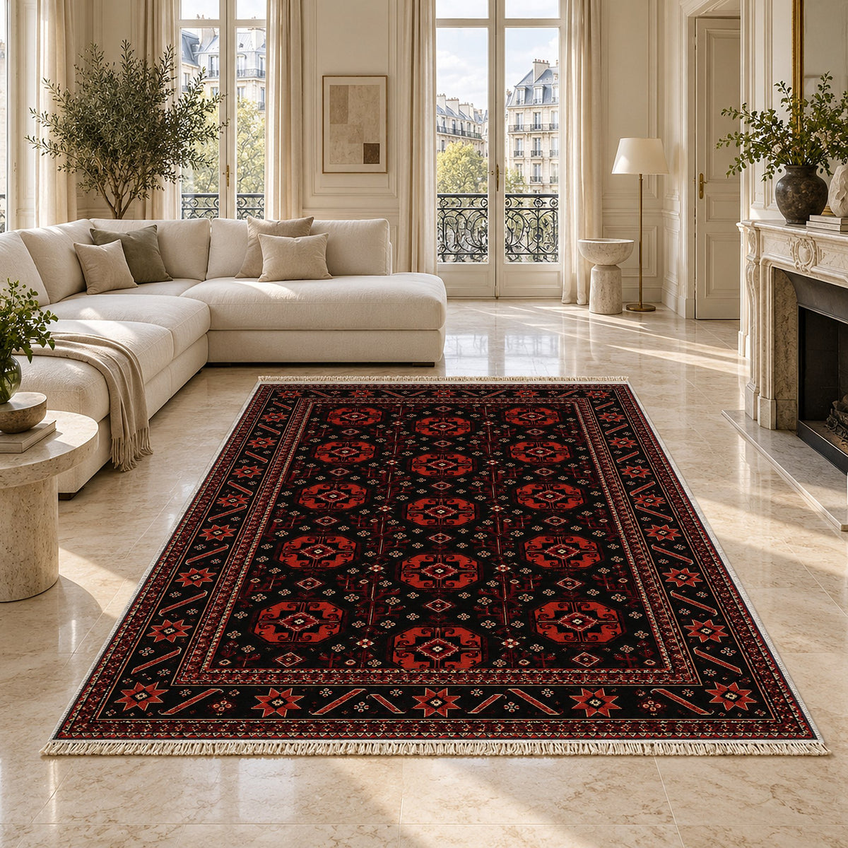 Tekke Gul Black washable rug on a marble floor