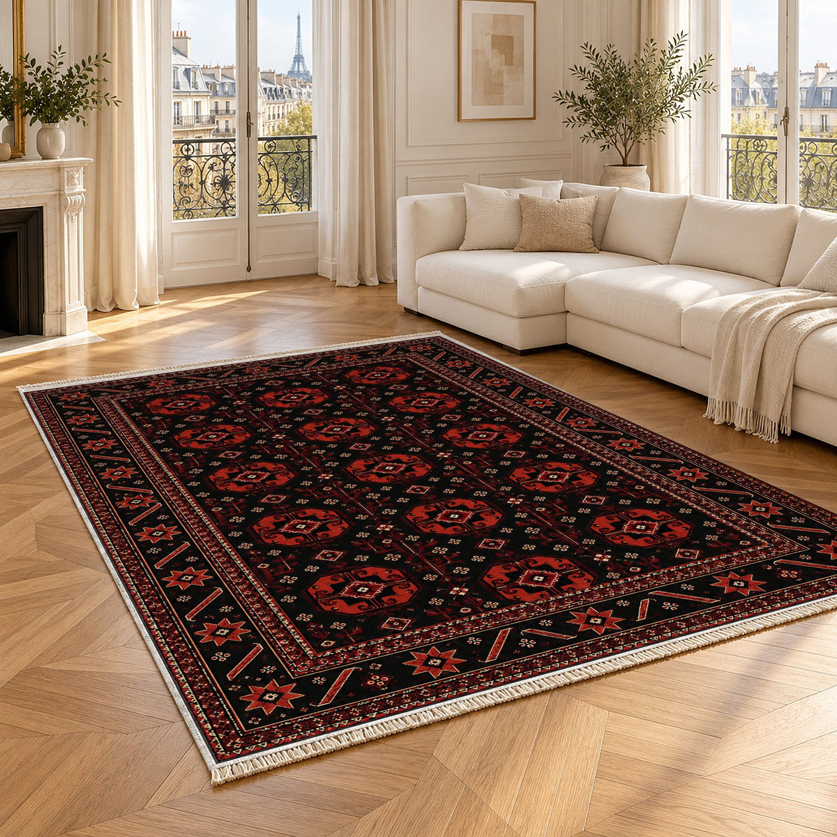 Tekke Gul Black washable rug angled room view