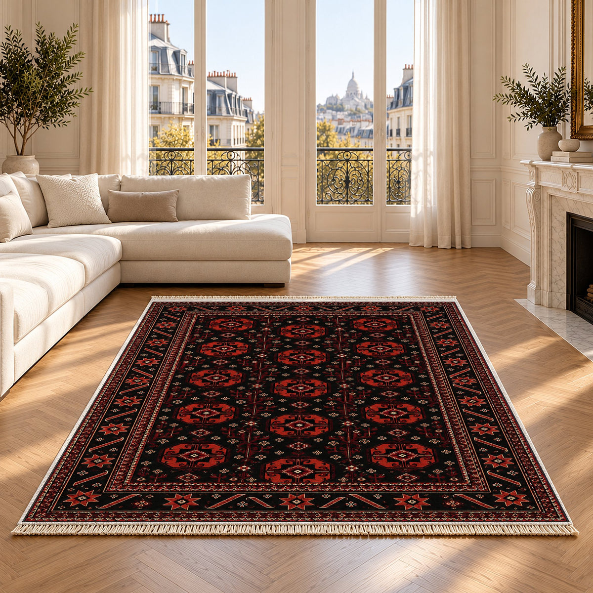 Tekke Gul Black washable rug on an oak floor