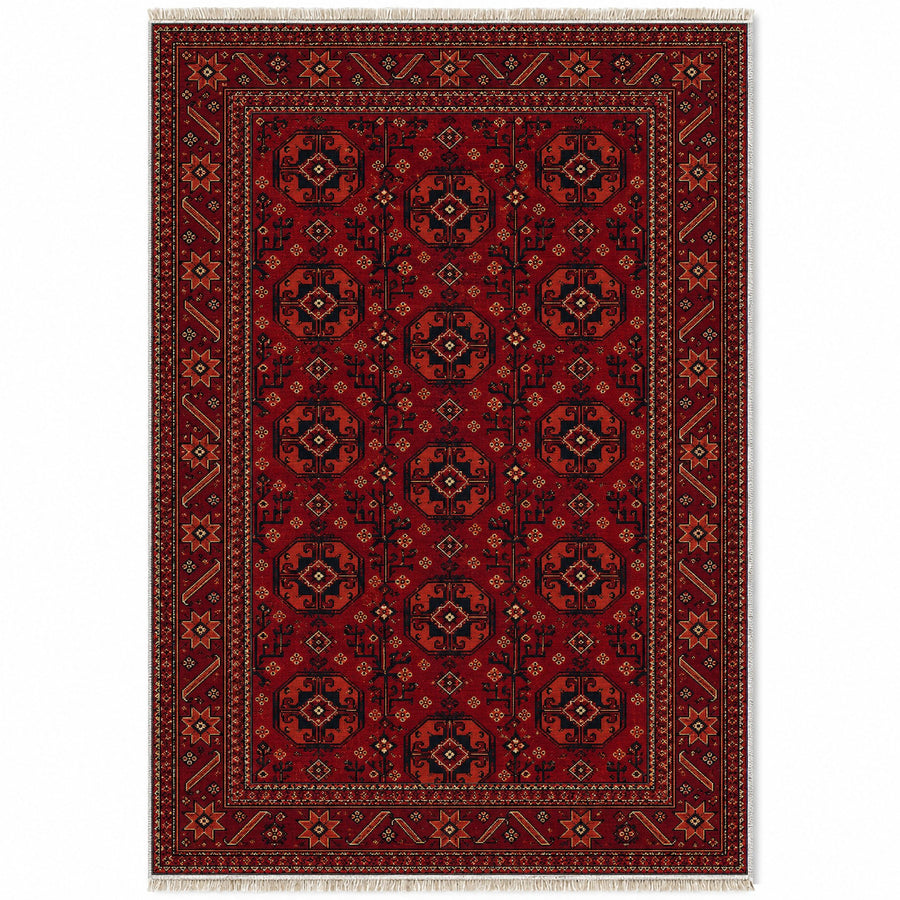 Tekke Gul Burgundy Afghan Washable Rug