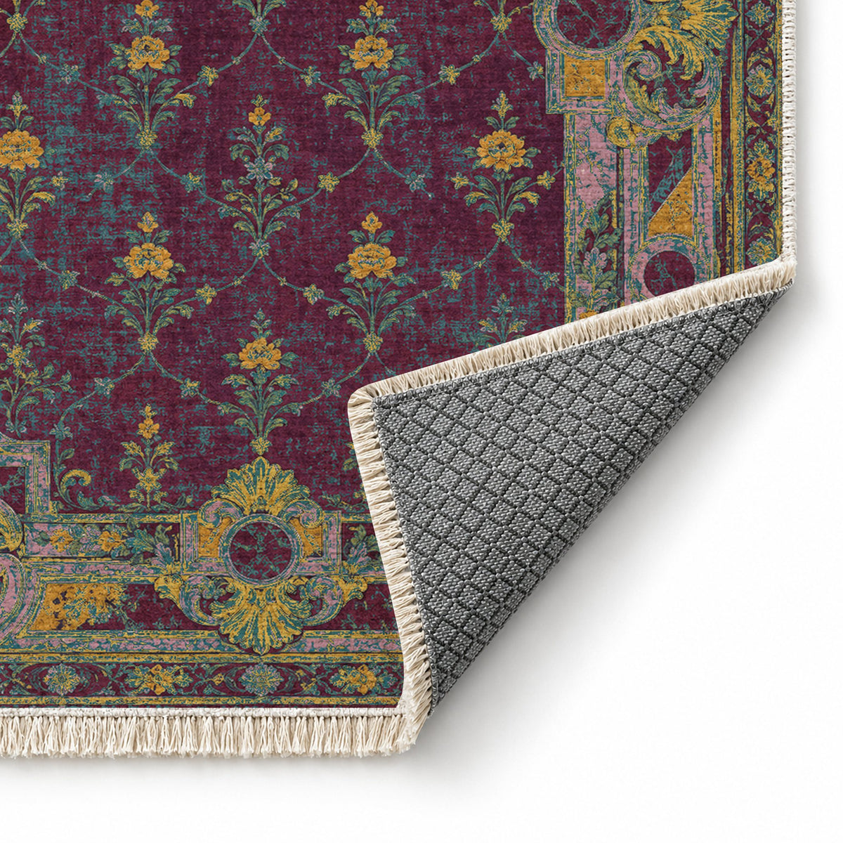 Terrace Mosaic Burgundy & Teal washable rug folded corner showing the backing