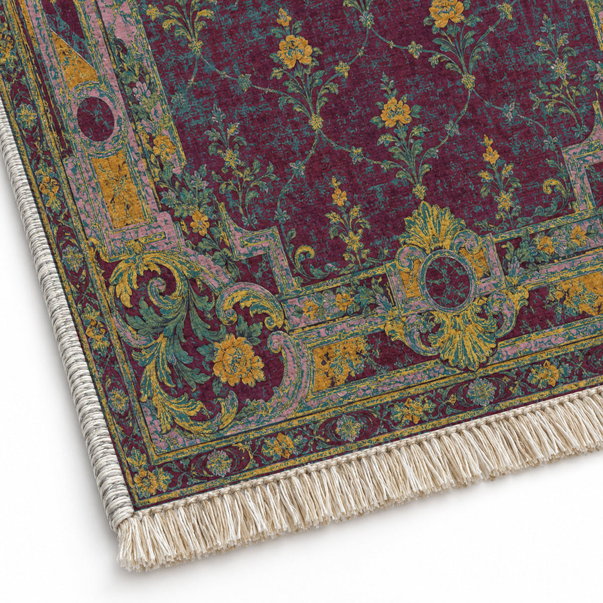 Terrace Mosaic Burgundy & Teal washable rug close-up of the printed chenille