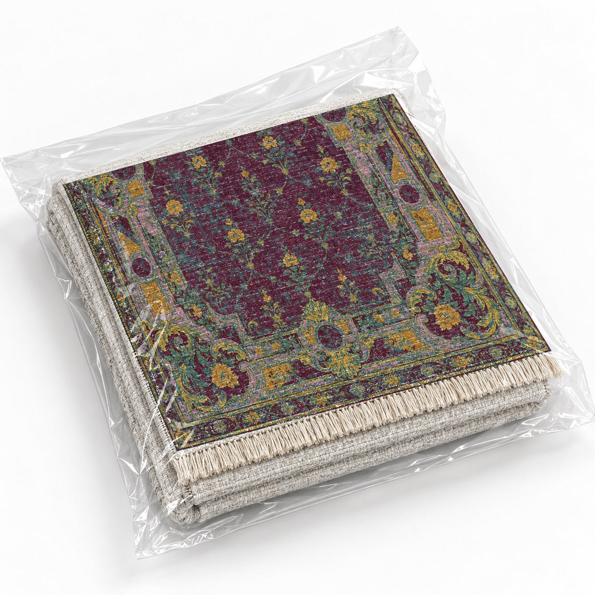 Terrace Mosaic Burgundy & Teal washable rug rolled and packaged