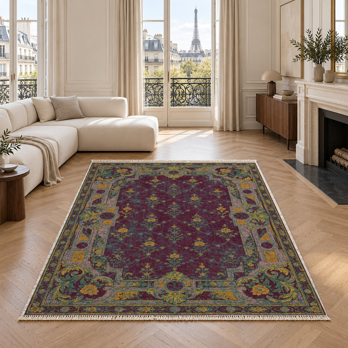 Terrace Mosaic Burgundy & Teal washable rug in a living room with an Eiffel Tower view