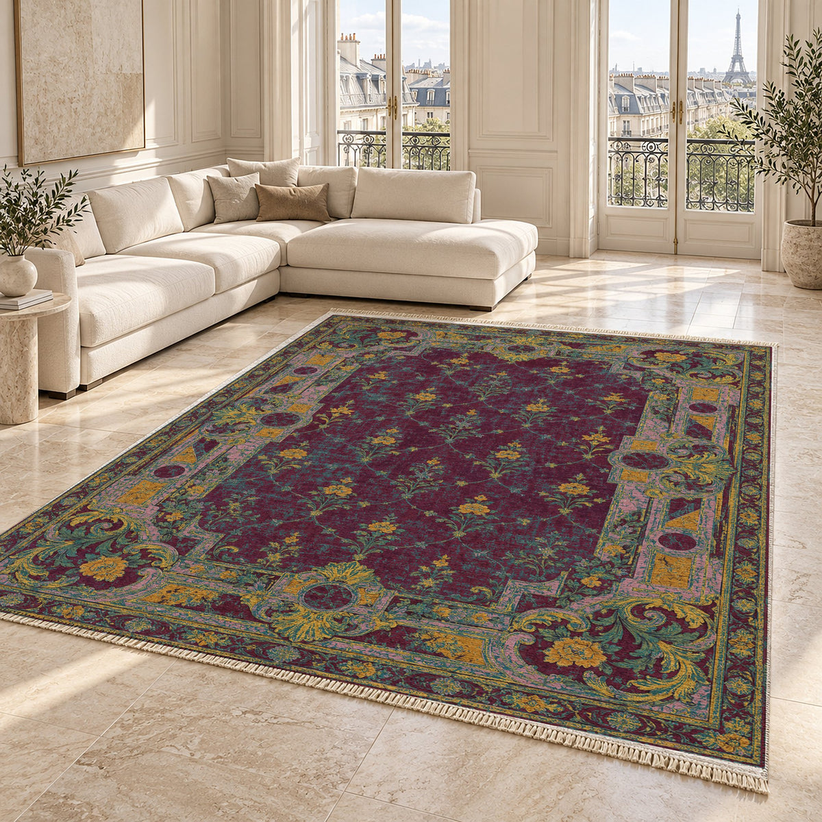 Terrace Mosaic Burgundy & Teal washable rug angled room view on marble