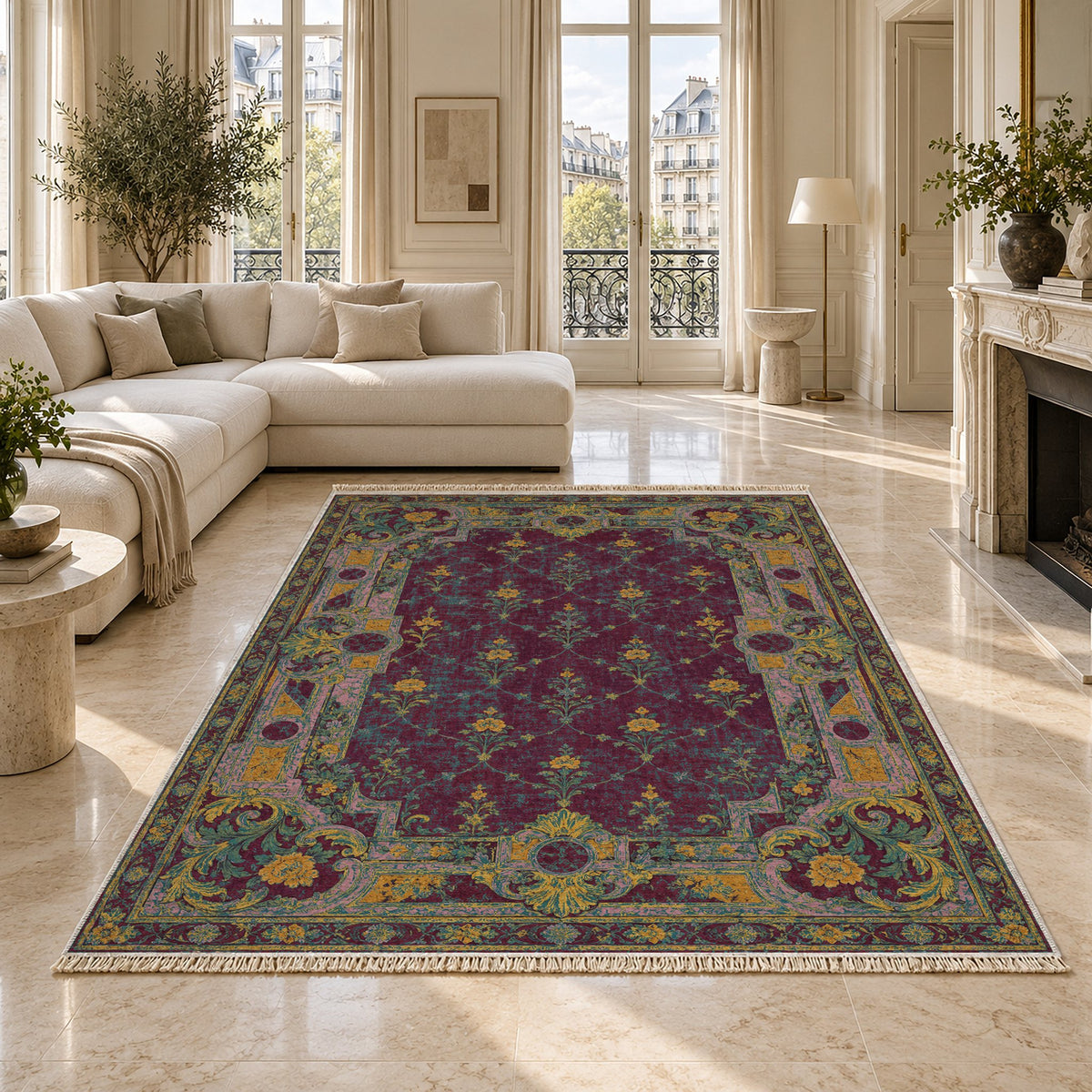 Terrace Mosaic Burgundy & Teal washable rug on a marble floor