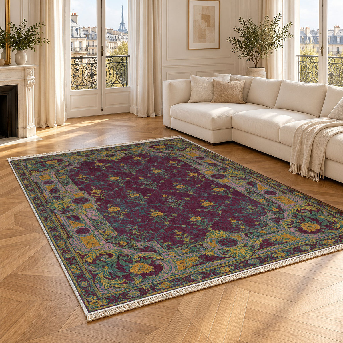 Terrace Mosaic Burgundy & Teal washable rug angled room view
