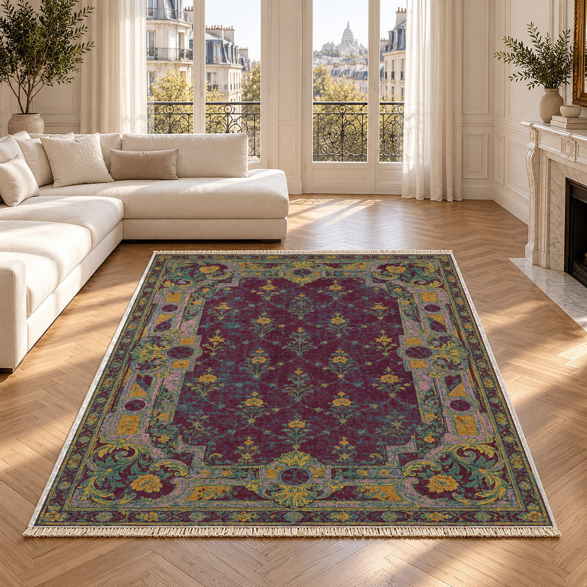 Terrace Mosaic Burgundy & Teal washable rug in a Paris living room