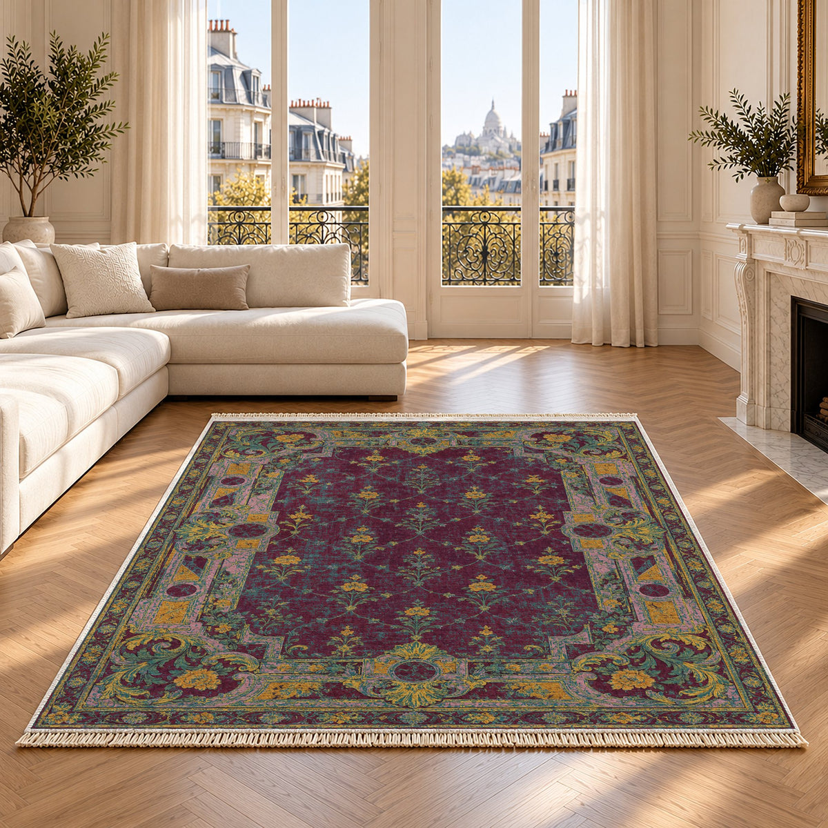 Terrace Mosaic Burgundy & Teal washable rug on an oak floor