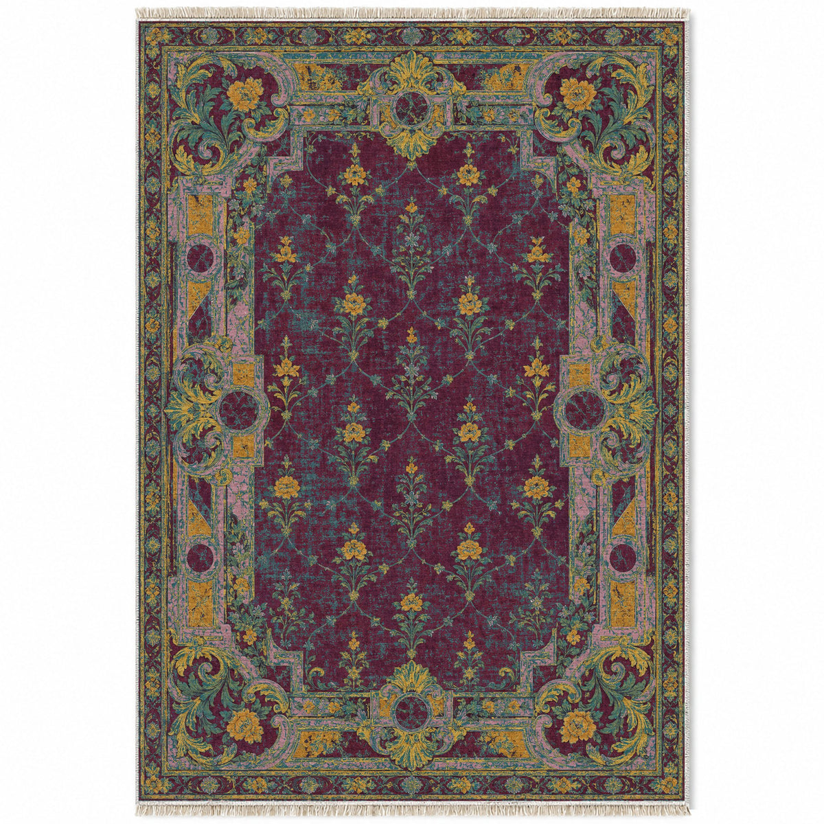 Terrace Mosaic Burgundy & Teal washable rug top view