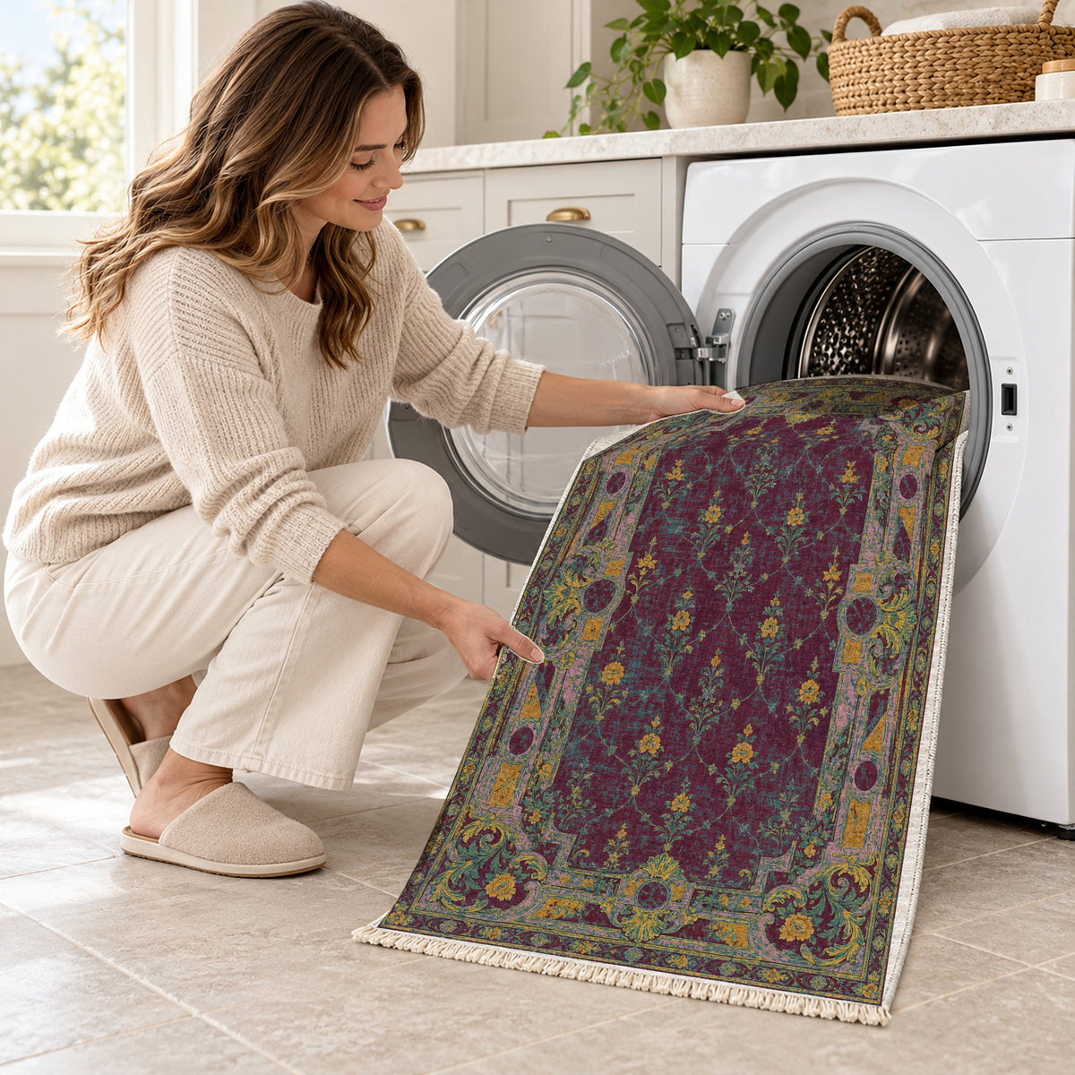 Terrace Mosaic Burgundy & Teal washable rug being loaded into a washing machine