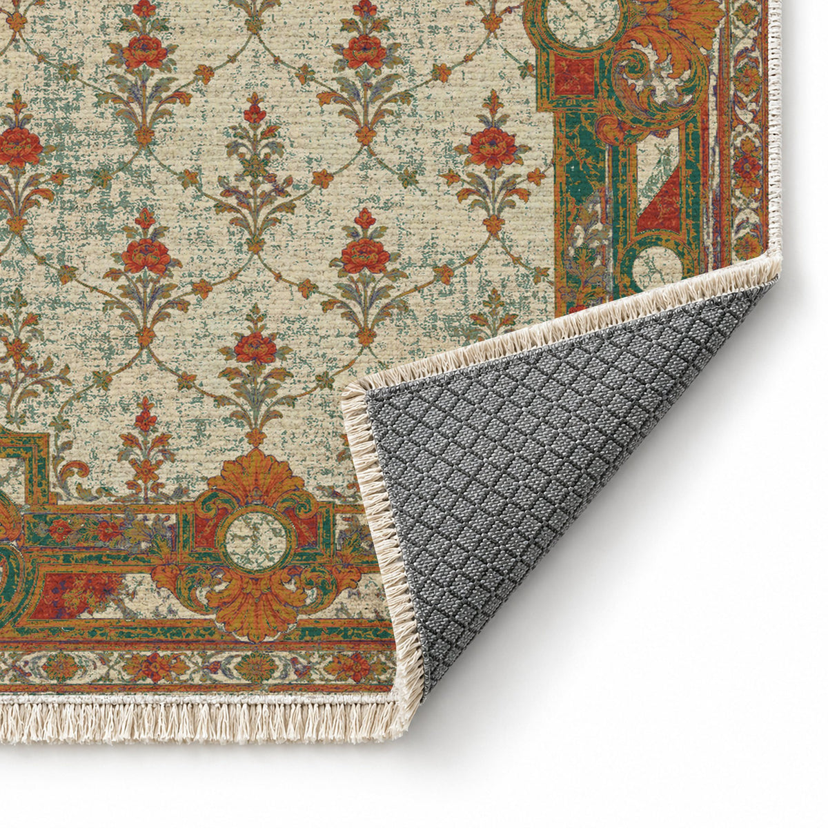 Terrace Mosaic Emerald & Terracotta washable rug folded corner showing the backing