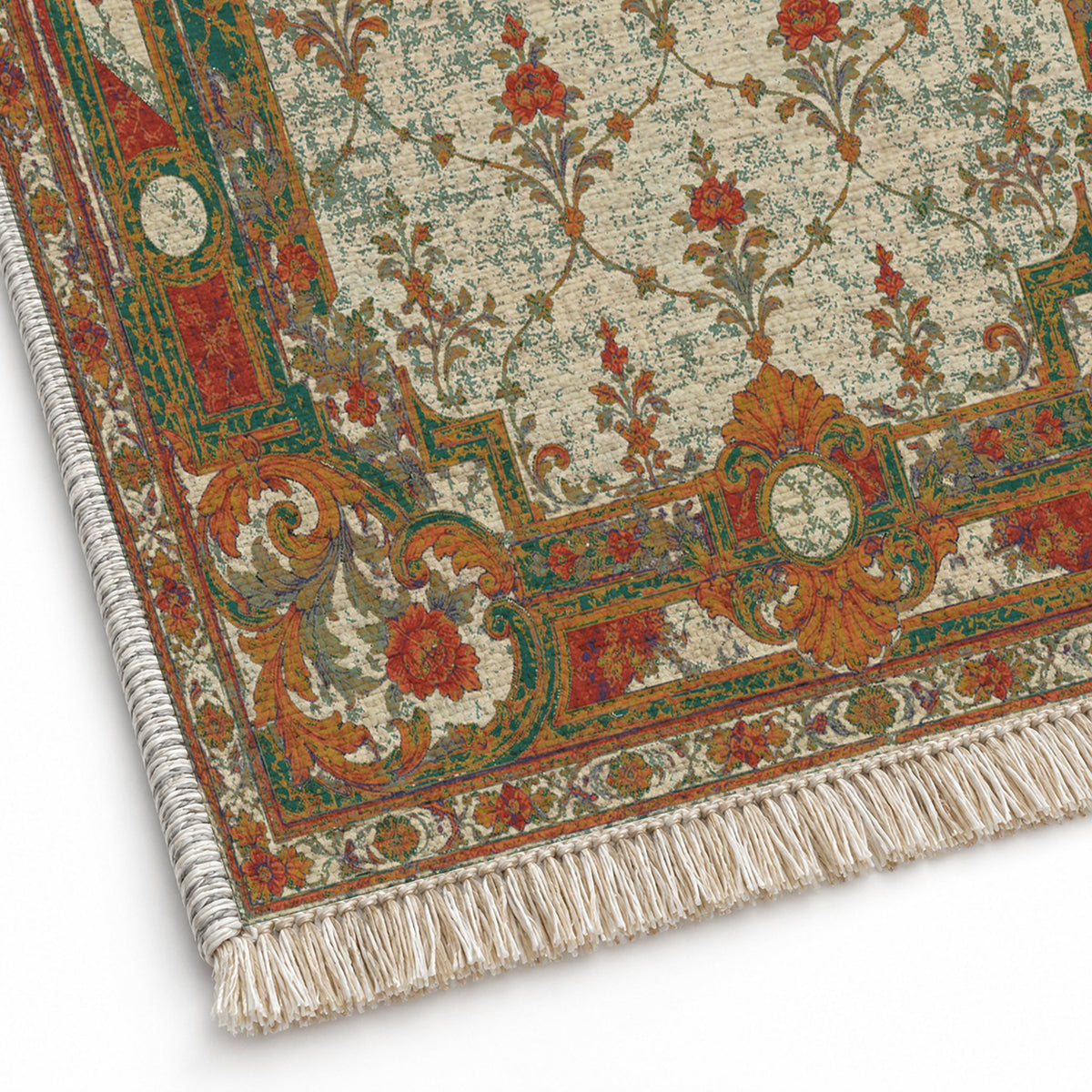 Terrace Mosaic Emerald & Terracotta washable rug close-up of the printed chenille