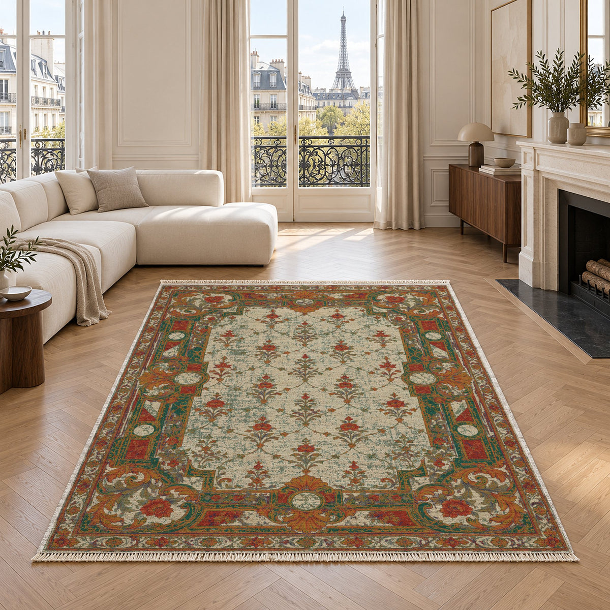 Terrace Mosaic Emerald & Terracotta washable rug in a living room with an Eiffel Tower view