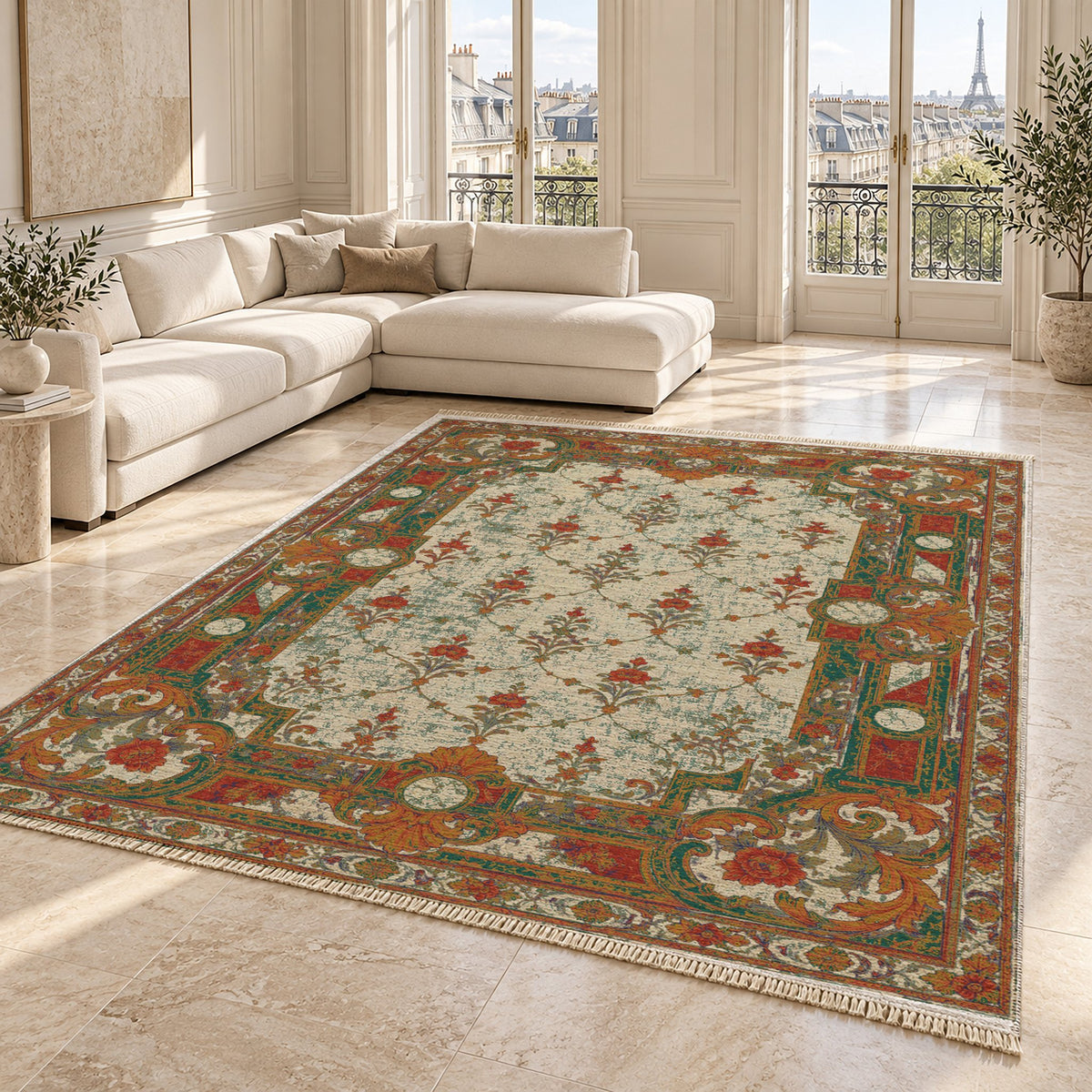 Terrace Mosaic Emerald & Terracotta washable rug angled room view on marble